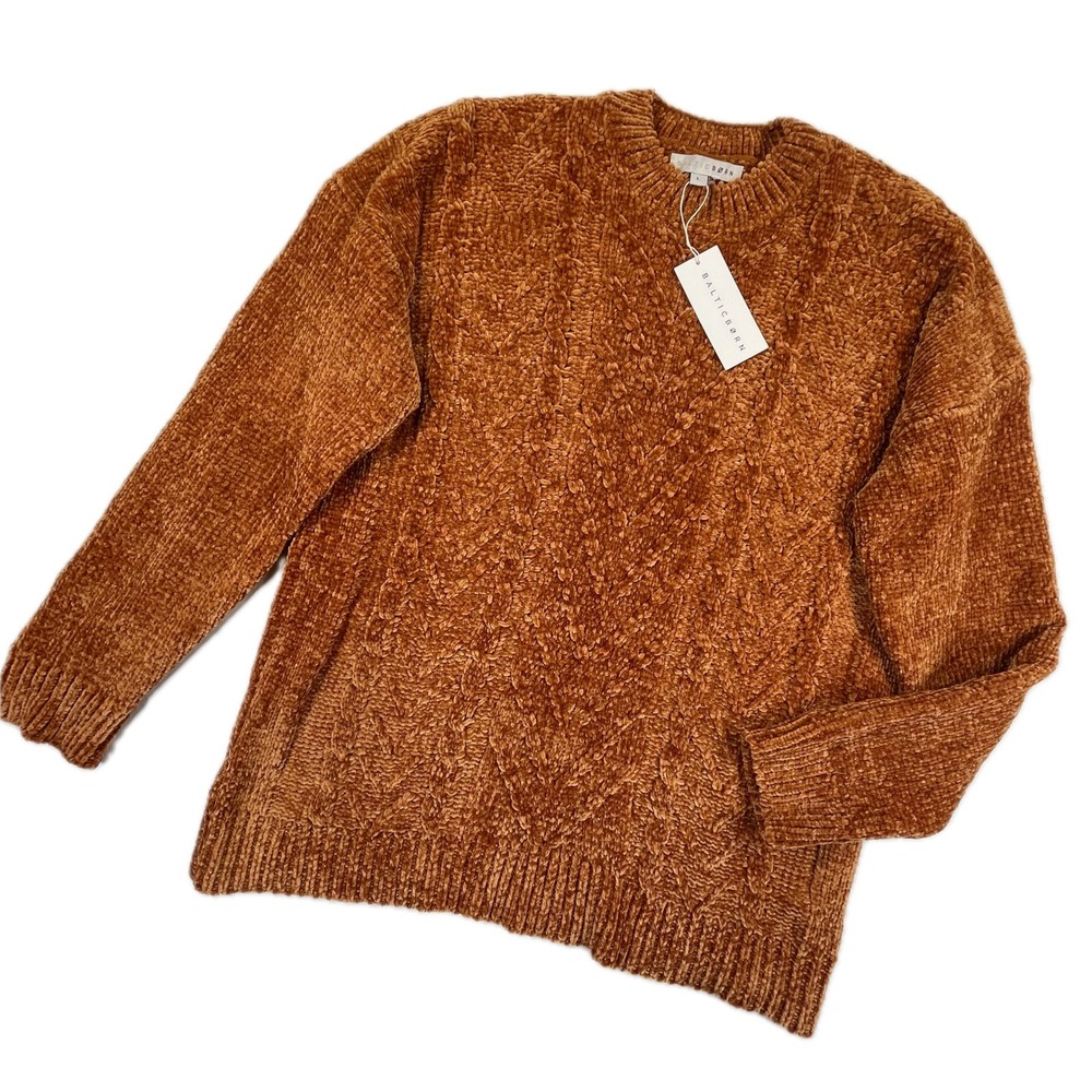 Baltic Born Cable Knit Chenille Sweater L Rust Orange Soft Cozy Pullover New